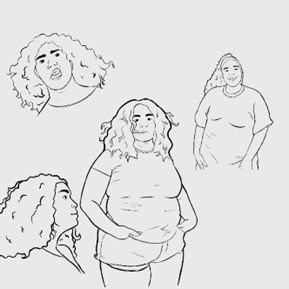 The image shows four linear sketches of a character named Liz. She is illustrated with voluminous curly hair and varied expressions. In the top left corner, Liz appears to be singing or shouting. In the top right corner, she has a friendly smile and is looking sideways. In the bottom left, there is a profile of Liz looking down, showing her voluminous hair and facial details. In the center, a larger sketch shows her facing forward with her hands on her hips and a confident or contemplative expression. The drawings are simplified, without much internal detail or shading, suggesting they are in an early concept phase or part of a character study for the comic book.